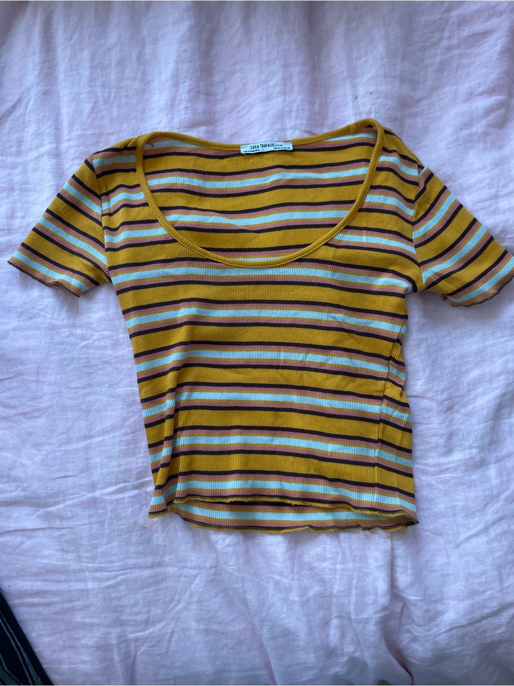 Zara Striped Ribbed Scoop Tee in Mustard, Pink, White & Brown